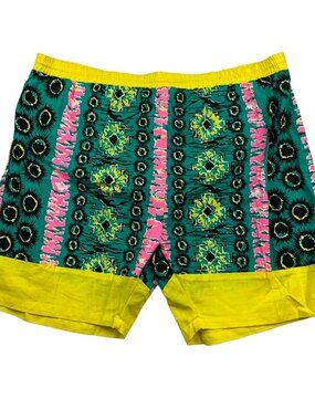 VTG Westside Men's Cotton Stretch Waist Lined Swim Shorts Green/Yellow/Pink • XL